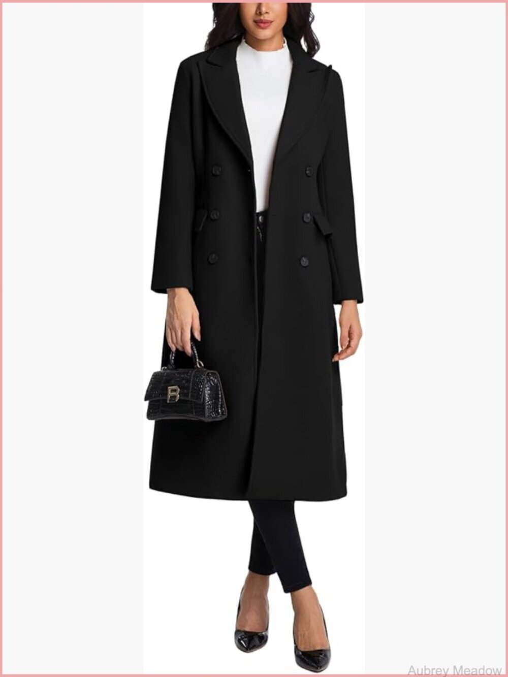Double Breasted Long Wool Coat Notch Lapel Trench Peacoat